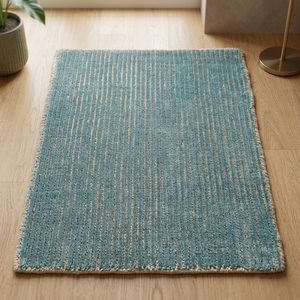 Tapis rectangulaire bleu uni en viscose tissé à la main avec envers en coton pour usage au sol, antidérapant, à poils moyens, pour la décoration intérieure - Product Image 2