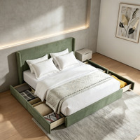Lit plateforme capitonné en velours vert clair avec tiroirs de rangement latéraux, taille King, pour chambre à coucher