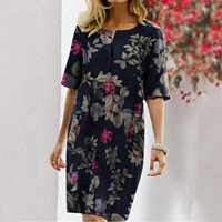2024 fleur imprimé fendu col rond demi manches décontracté Vintage robe femmes dame grande taille robes