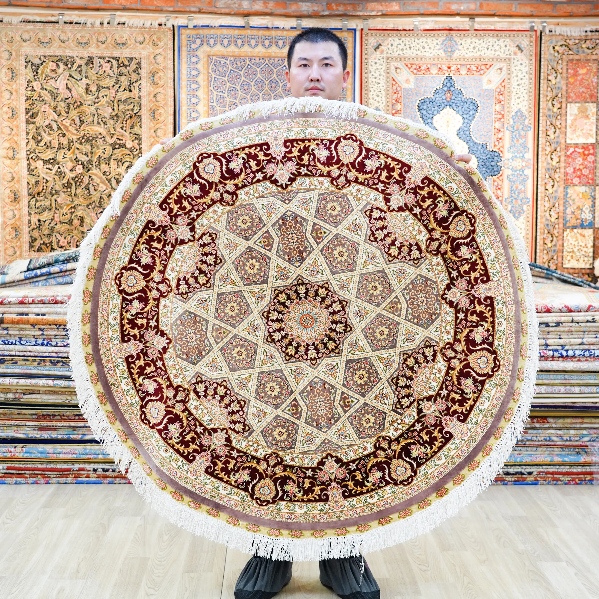 122x122cm Wholesale Washable Bohemian Mandala Geometric Silk Carpet Floor Round Area Rugs