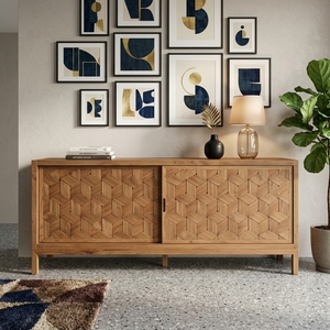 Console TV minimaliste moderne en bois massif avec portes coulissantes en parquet géométrique - Product Image 6