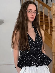 Top CAMIS de Verano Estilo Francés con Estampado de Puntos, Sin Mangas, Cuello Halter, Poliéster Dobby, Cintura Definida y Efecto Adelgazante, Moda Europea y Americana - Product Image 2