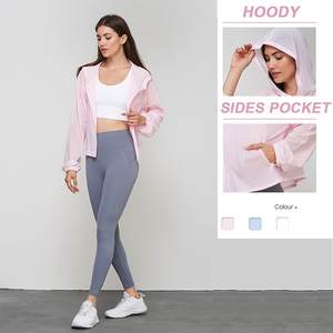 Fermeture éclair antidérapante haut de sport pour <span class=keywords><strong>femme</strong></span> poignets serrés vêtements de Yoga à manches longues poche latérale crème solaire coupe ample pull à capuche - Product Image 4