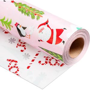 Pink Christmas <b>Wrapping</b> <b>Paper</b> Reversible Santa Penguin Design 17 In X 32.8 Ft Gift Craft Use - Product Image 1