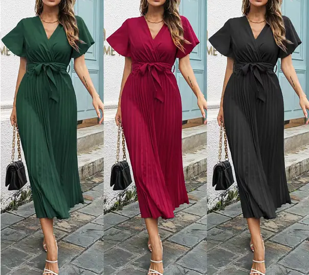 2022 New High Quality Custom Women Elegant Dresses V-neck Ruffled Midi Solid Ladies Casual Dresses Summer Women Clothing