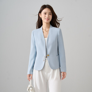 Women's Collarless Blazer Beige Slim Fit Anti-Wrinkle Solid Color Polyester Worsted Spring Autumn Street Style Chic - Product Image 2