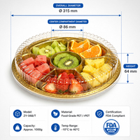 Plateau à fruits à 6 compartiments, boîte ronde en plastique, 315 mm, 1000 g, couvercle en dôme transparent, PET de qualité alimentaire, RPET, conforme aux normes FDA