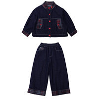Ensemble deux pièces en jean à carreaux pour filles, tenue décontractée pour enfants, automne