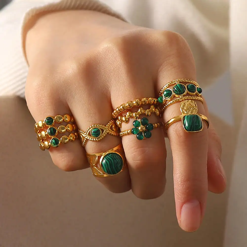 Hifive Luxe 18K Gouden Plaat Turquoise Ronde Vinger Ring Groene Natuursteen Roestvrij Staal Geometrische Band Ring Vintage Sieraden