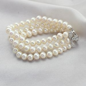 Pulsera de Perlas de Agua Dulce de Alta Calidad de 6-7 mm, Redonda, de 3 Hileras, Anillos de Joyería Hechos a Mano con Múltiples Capas de Perlas - Product Image 1