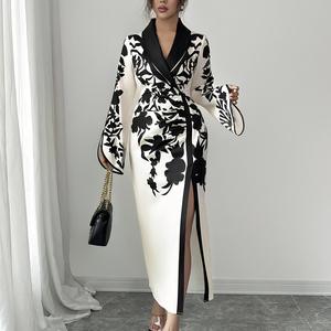 Kadın sonbahar ve kış fransız zarif çiçek baskı resmi ofis elbiseler V boyun yarık uzun elbise kadın abiye - Product Image 5