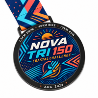 Médaille de triathlon personnalisée en alliage de zinc 3D 2026, émail souple, pour la course aquatique, cycliste et à pied, défi côtier, avec ruban