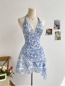 Robe d'été sans manches à col en V bleu à motifs floraux, style <span class=keywords><strong>vintage</strong></span> bohème, sexy, dos nu, pour les loisirs, les vacances, la plage et le <span class=keywords><strong>soleil</strong></span> - Product Image 4