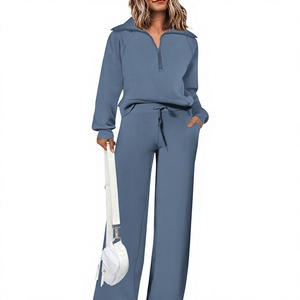 Conjunto Deportivo de 2 Piezas para Mujer, Sudadera con Media Cremallera y Pantalones Anchos, Venta al Por Mayor OEM - Product Image 1
