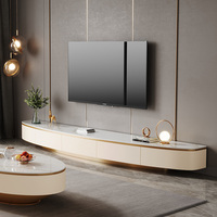 Ensemble de meuble TV et table basse en bois avec plateau en marbre de luxe moderne pour salon, design de meuble flottant beige