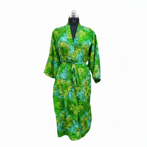 Indian Green Colour Vintage Silk Saree Floral Kimono Style Sleepwear Bathrobe Handmade Maxi Gown Dress - Product Image 1