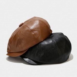 Béret vintage en cuir PU, casquette de newsboy à 8 panneaux pour femmes et hommes, mode et élégance - Product Image 1