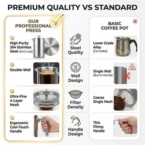 Cafetière à piston en verre borosilicate de haute qualité 600 ml, résistante à la chaleur, avec filtre en acier inoxydable - Product Image 4