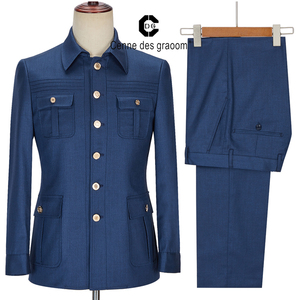 Cenne Des Graoom <span class=keywords><strong>Blue</strong></span> <span class=keywords><strong>Safari</strong></span> abiti da uomo blazer su misura pantaloni Business normale causale festa cantante sposo Prom - Product Image 1