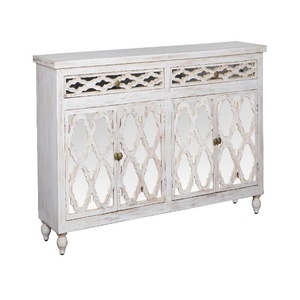 Aparador de Madera Tallado a Mano con 4 Puertas y Estantes de Almacenamiento |   Aparador Vintage Blanco con Acabado Desgastado |   Madera maciza - Product Image 3