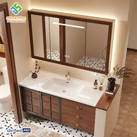 Meuble-lavabo mural double vasque en bois massif moderne OEM 2025 avec miroir LED et robinet pour salle de bain et chambre à coucher