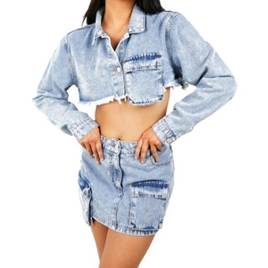 Nouvelle conception, logo personnalisé, chemises en jean à manches longues pour femmes, effet délavé, ourlet effiloché, chemise cargo courte - Product Image 4
