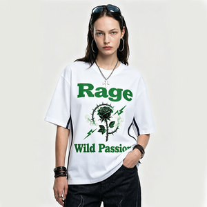 AMCLEVER T-Shirt in Cotone Ghiacciato da 220 grammi con Striscia Laterale e Patchwork, Stampa Rosa <span class=keywords><strong>Wild</strong></span> Passion, Oversize Casual Estivo per Uomo e Donna - Product Image 1