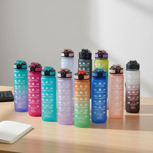 Hot Plastic Cup Sports Water Cup 1L <b>Large</b> Capacity Straw Portable Gradual Change Montivational Water Bottle with Time Mark - Product Image 3