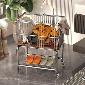 Retro Style Trolley <b>Laundry</b> Basket Double Layered Storage Removable Portable For Bathroom Use Rectangle <b>Standing</b> Type Eco - Product Image 3