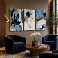 Lot de 3 tableaux abstraits bleus et dorés sur toile tendue, décoration murale bohème neutre pour Airbnb, location de vacances, chambre d'hôtes