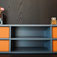 Meuble TV moderne avec tiroirs en cuir et étagères ouvertes, laque bleue, luxe, salon, sur mesure