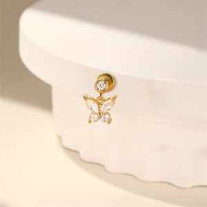 Piercing clou d'oreille 12x8mm en argent 925 plaqué or 18K avec zircon et franges papillon pour cartilage, hélix, tragus - Product Image 2