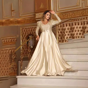 Robe de soirée pour femme, manches longues, col en V, sequins, taille empire, longueur complète, en satin, style vintage, tenue de soirée formelle - Product Image 4