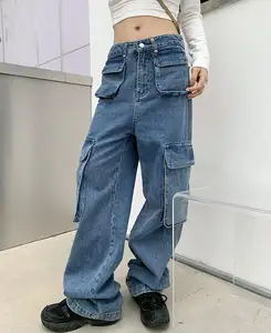 NVFelix Girls Damen Denim Loose Straight Pants Taschen Jeans Cargo Pant Fashion Hose