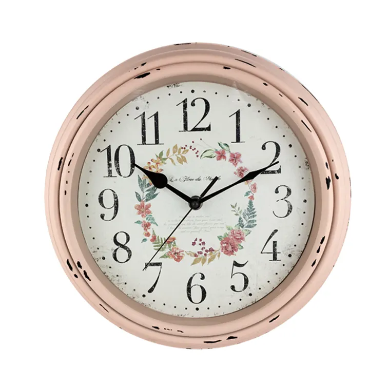 Horloge murale vintage à motif de fleurs en feuille d'aluminium, 12 pouces, cadre irrégulier rose, Design artistique, horloge murale en plastique, pour meubles et décoration de la maison