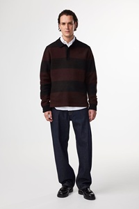 Custom Logo <strong>Men's</strong> Heavyweight Wide Stripe Rugby Sweater <strong>with</strong> Polo <strong>Collar</strong> Wool Blend Knitted Pullover <strong>Jumper</strong> in Burgundy - Product Image 3