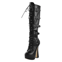 Bottines longues en faux cuir pour femmes, chaussures bout rond, de couleur noire, plateforme, talons hauts, étiquette privée, à ajouter soi-même, gratuites
