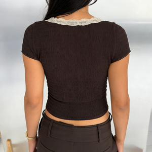 Women's <b>Brown</b> Deep V-Neck Short-Sleeved T-Shirt with Lace Trim Sexy Slim Fit Vintage Aesthetic <b>Tie</b>-Front Crop Top - Product Image 5