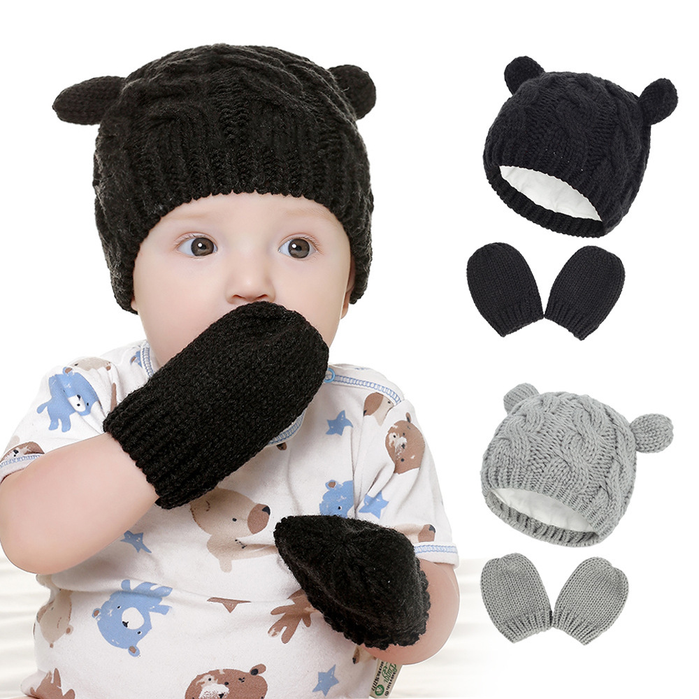 New Baby Kids Girls Boys Winter Warm Knit Hat Ear Solid Warm Cute Glove 2pcs Lovely Beanie Cap Baby Knit Hat Gloves Set