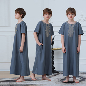 <b>Moroccan</b> Embroidered Men <b>Thobe</b> Round Neck Solid Short Sleeve Robe Casual Prayer Wedding Ramadan Wear - Product Image 2