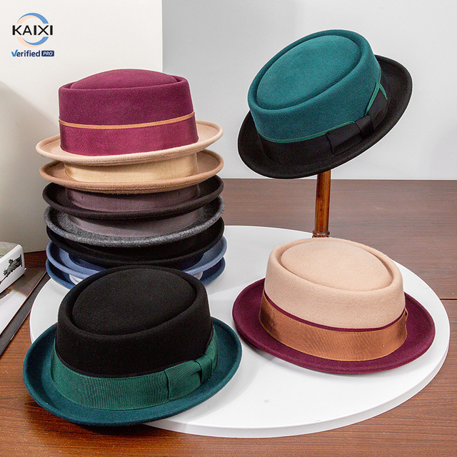 Wholesale 100% Australia Wool Felt Brim up Pork Pie Boater Hat New Fashion Two Tone Jazz Fedora Hats