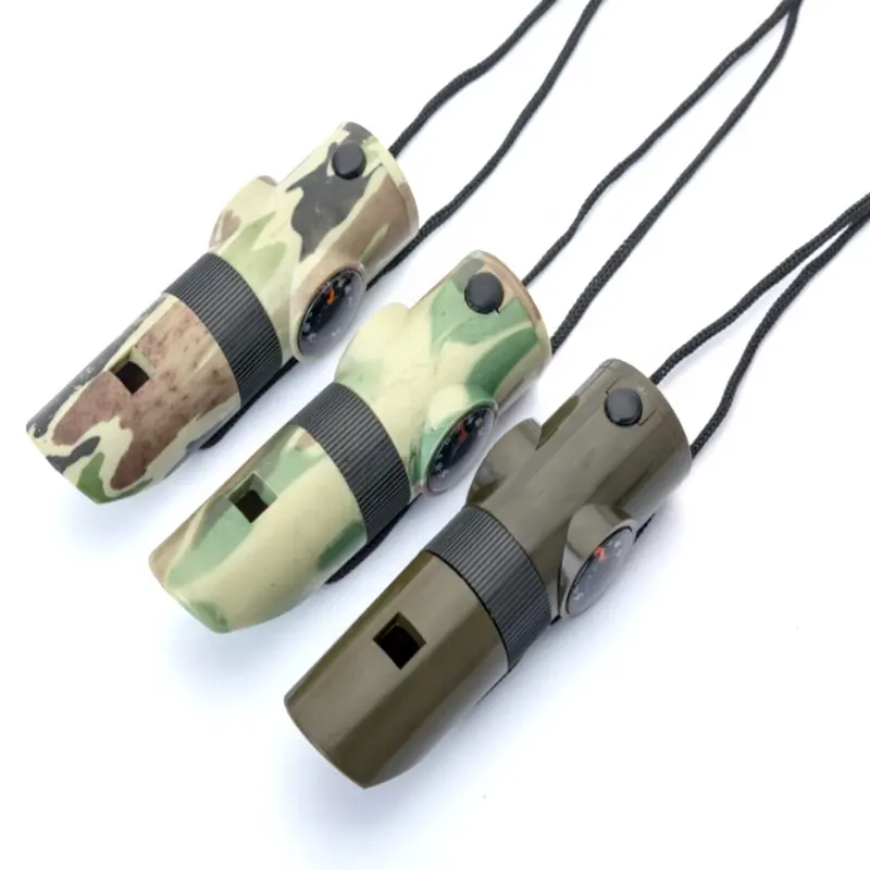 Good Material ABS 7 In 1 Outdoor Sports Camping Adventure Multifunctional Whistle with LED Light Nylon Lanyard