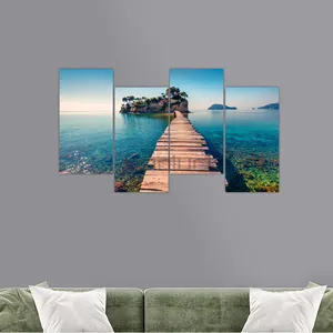 4 Panels Landscape Ocean Beach Embellished Canvas Art