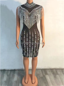 Déguisement scintillant sexy, en argent, décolleté plongeant en V, strass, extensible, bar, discothèque, chanteur, danse, compétition <span class=keywords><strong>de</strong></span> danse moderne, avec pompon - Product Image 3