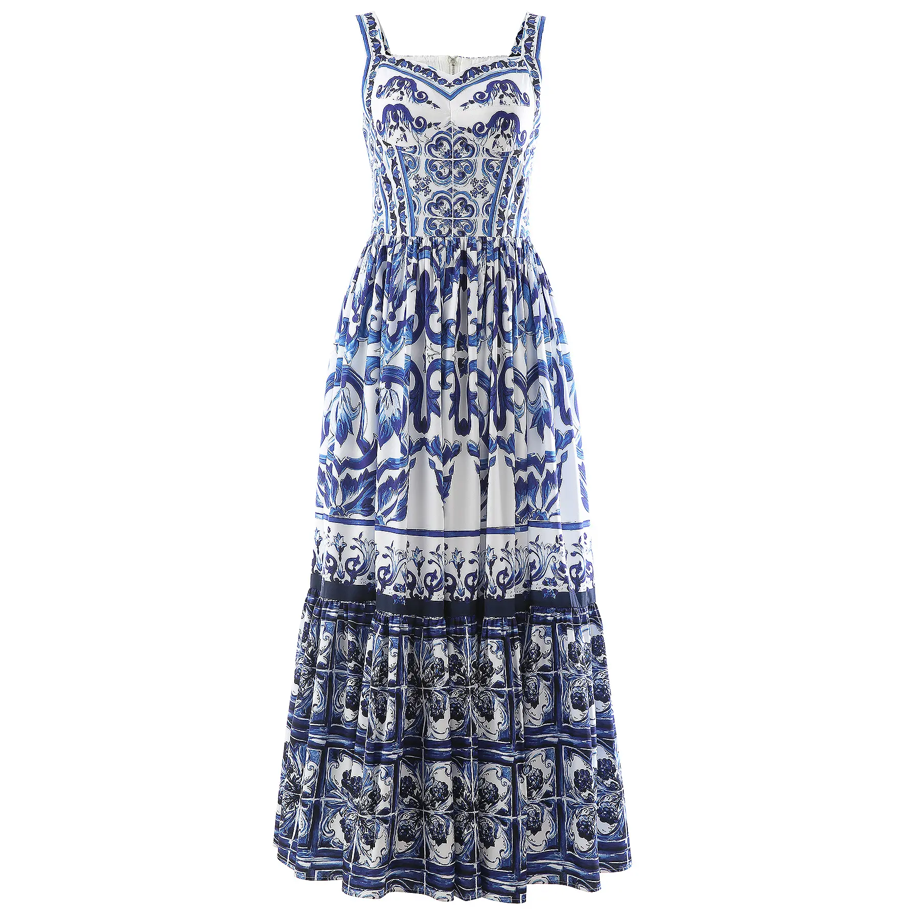 European Style Women Sexy Summer Vintage Blue and White Porcelain Printing Quality Straps Long Dress