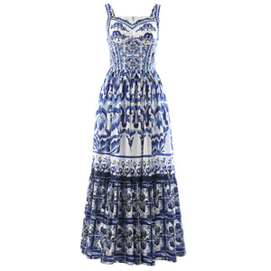 Robe longue à bretelles de style européen pour femmes, sexy, été, vintage, imprimé bleu et blanc en porcelaine, qualité supérieure - Product Image 1