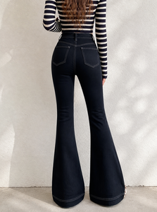 <span class=keywords><strong>Jean</strong></span> évasé taille haute contrastant pour femme, en denim <span class=keywords><strong>noir</strong></span> esthétique avec détails de surpiqûres blanches - Product Image 5