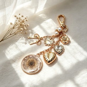 Pressed Dried Flower Keychain, Rose Gold Charm with Heart & Pearl, Elegant <b>Key</b> Ring for Women’s Bags & <b>Keys</b> - Product Image 1