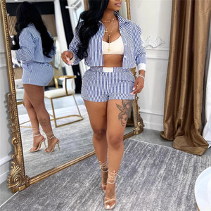 Модный женский комплект в полоску: топ с длинным рукавом и шорты, летний набор из двух предметов 2026 - Product Image 4