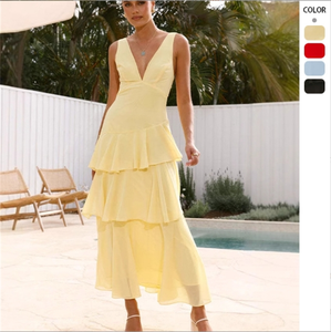 Nouvelle robe décontractée de fête élégante sans manches à col en V, robe longue à jupe en forme de gâteau de couleur unie pour femmes - Product Image 1
